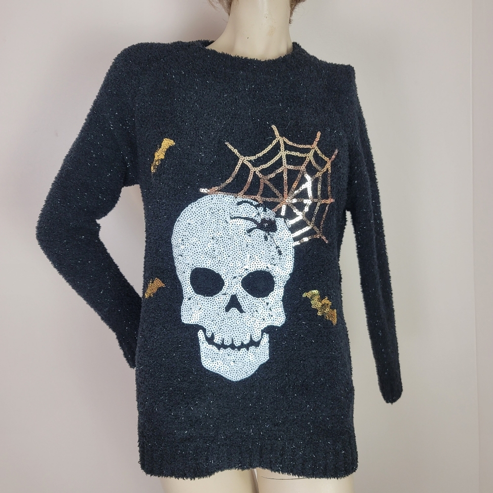 Halloween sweater fuzzy metallic black with sequin skull, bats, spiderweb
